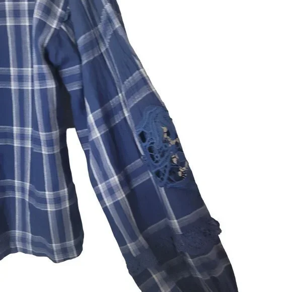 Free People Womens Size Small Blue Plaid Darling Diana Long Sleeve Shirt - Picture 8 of 10